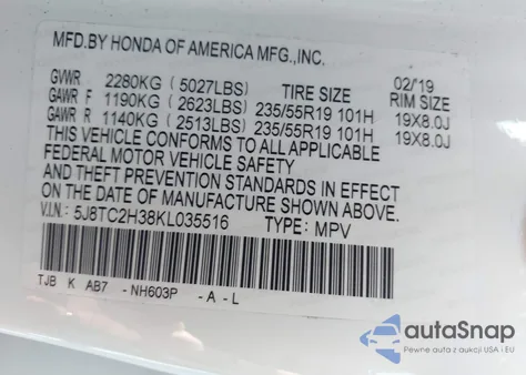 2019 Acura Rdx Standard from USA, damaged, VIN 5J8TC2H38KL035516